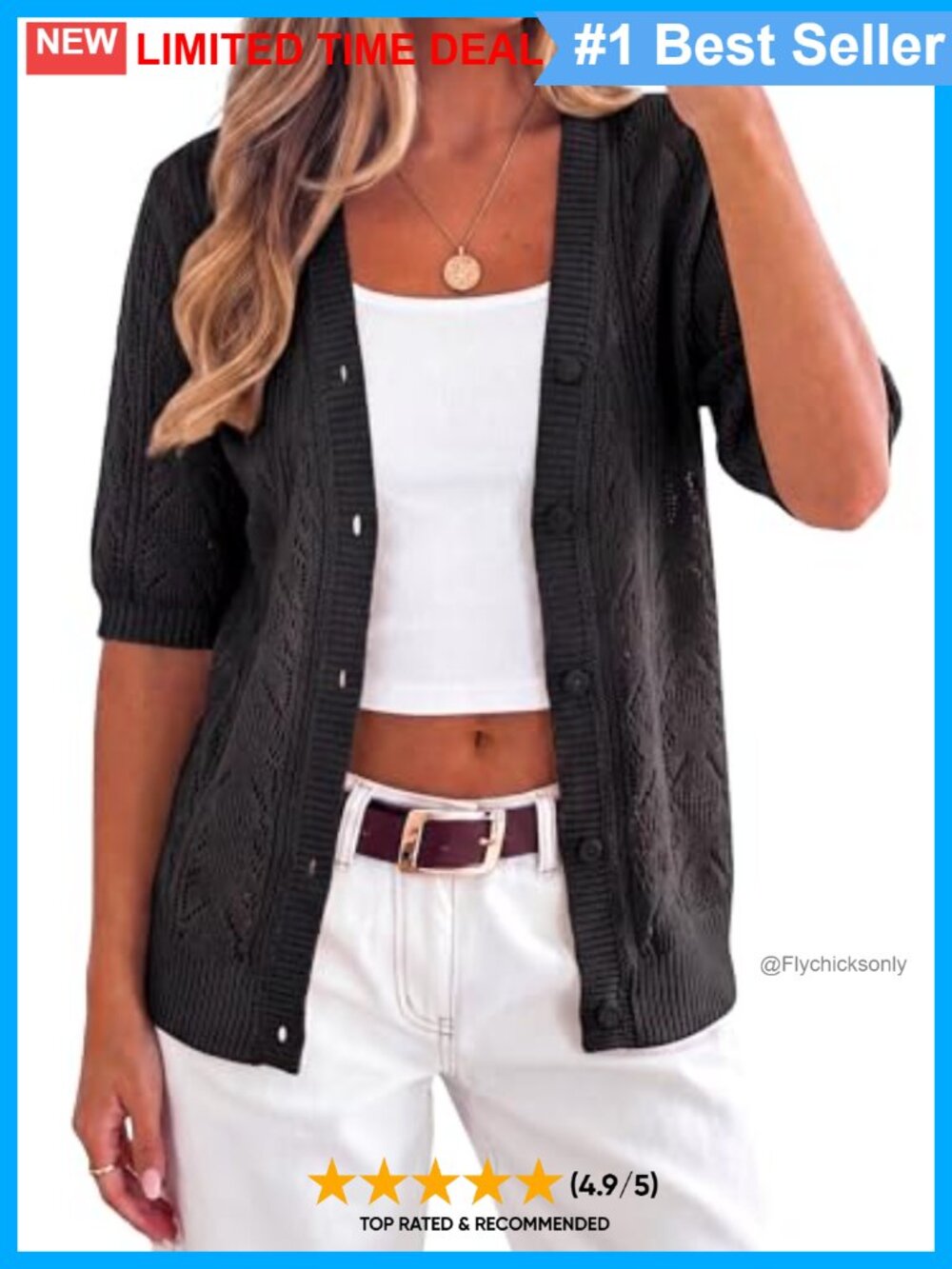 Women's Summer Button Short Sleeve Crochet Knit Cardigan V-Neck Lightweight